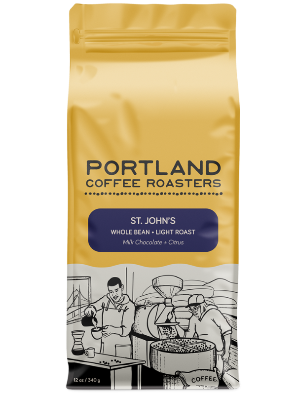 Coffee bag from Portland Coffee Roasters with a yellow background and black text. blue label reads st. johns whole bean light roast, milk chocolate + citrus