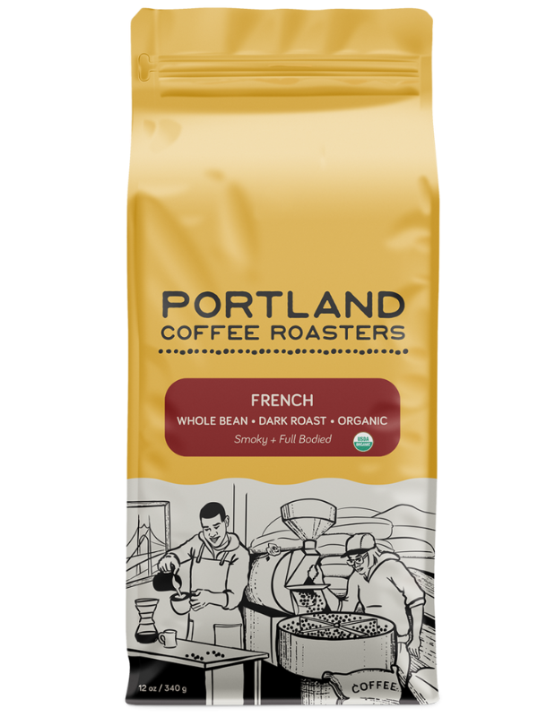 Coffee bag from Portland Coffee Roasters with a yellow background and black text. Red label reads french, whole bean, dark roast, organic, smoky and full bodied