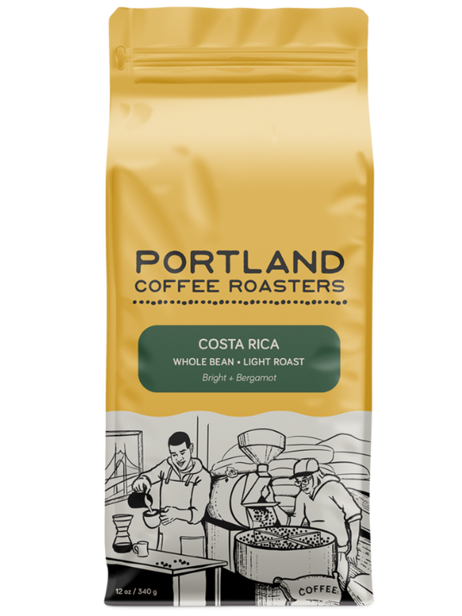 Coffee bag from Portland Coffee Roasters with a graphic of coffee roasting process on a white background. Green label reads costa rica, whole bean, light roast, bright and bergamot