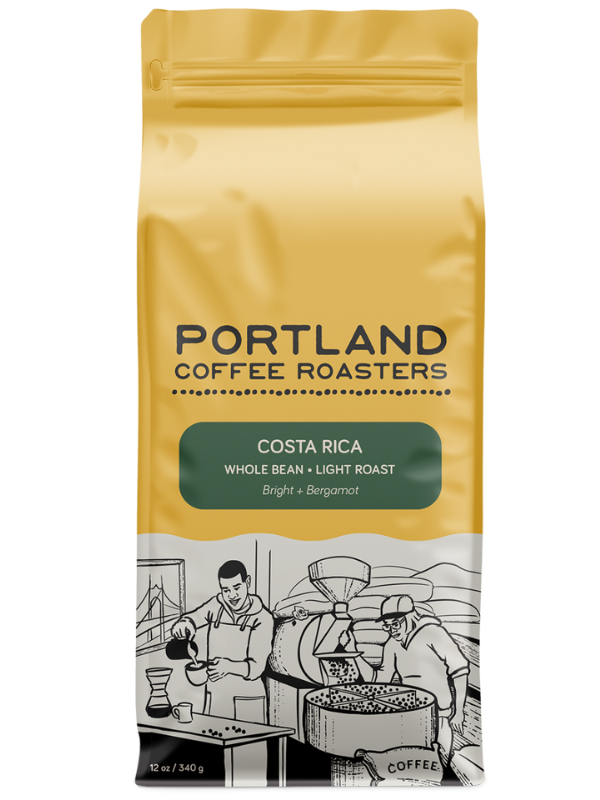 Coffee bag from Portland Coffee Roasters with a graphic of coffee roasting process on a white background. Green label reads costa rica, whole bean, light roast, bright and bergamot