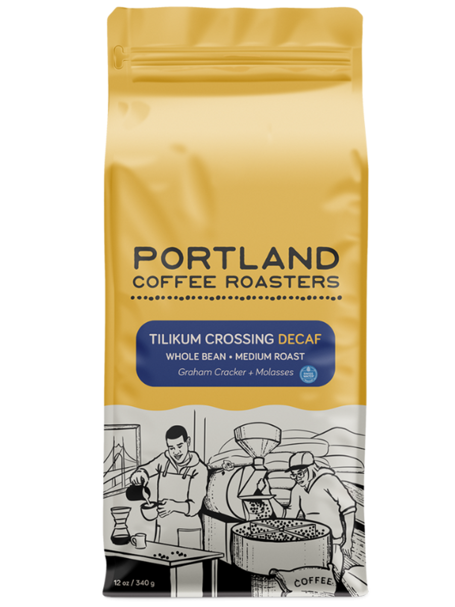 Coffee bag from Portland Coffee Roasters with a yellow background. blue label reads tilikum crossing decaf, whole bean, medium roast, graham cracker and molasses