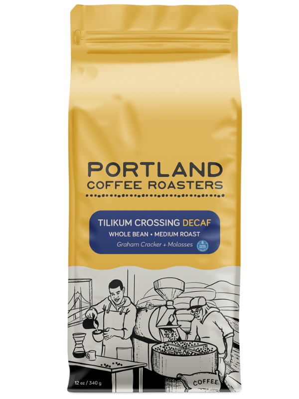 Coffee bag from Portland Coffee Roasters with a yellow background. blue label reads tilikum crossing decaf, whole bean, medium roast, graham cracker and molasses