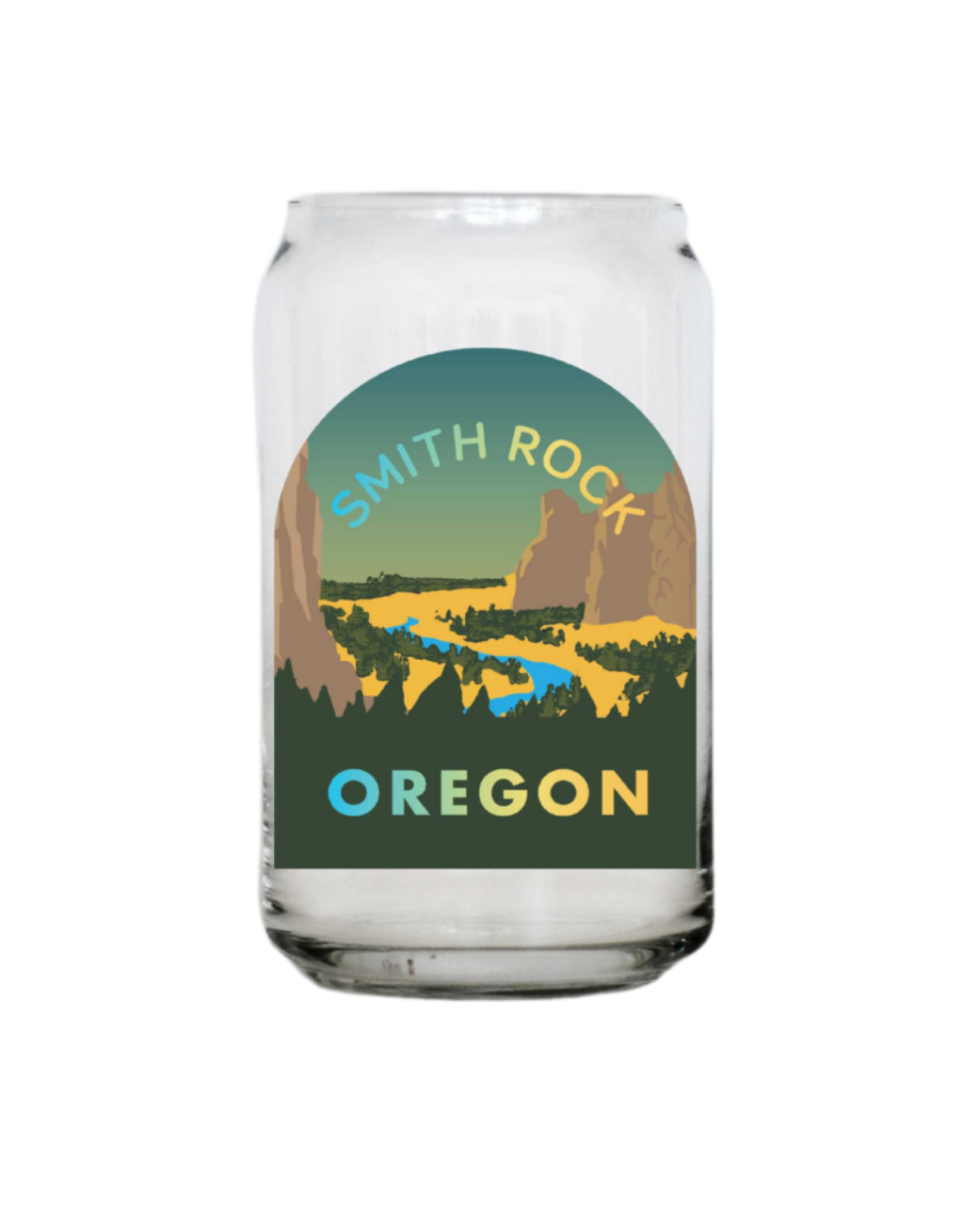 Clear glass tumbler with 'Smith Rock Oregon' design on a white background