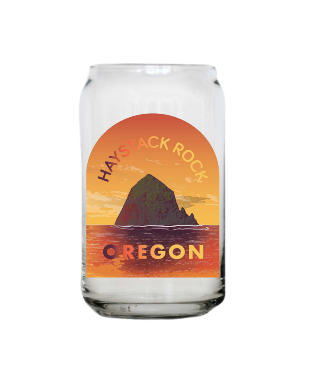 Glass tumbler with Haystack Rock Oregon design on a white background