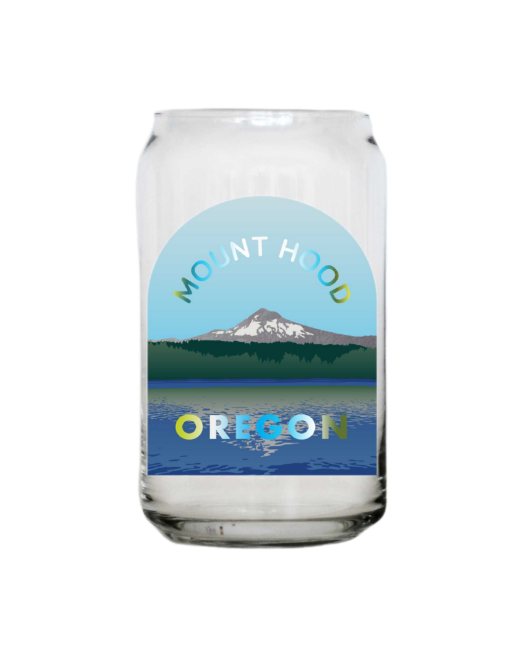 Glass tumbler with Mount Hood and 'Oregon' design on a white background