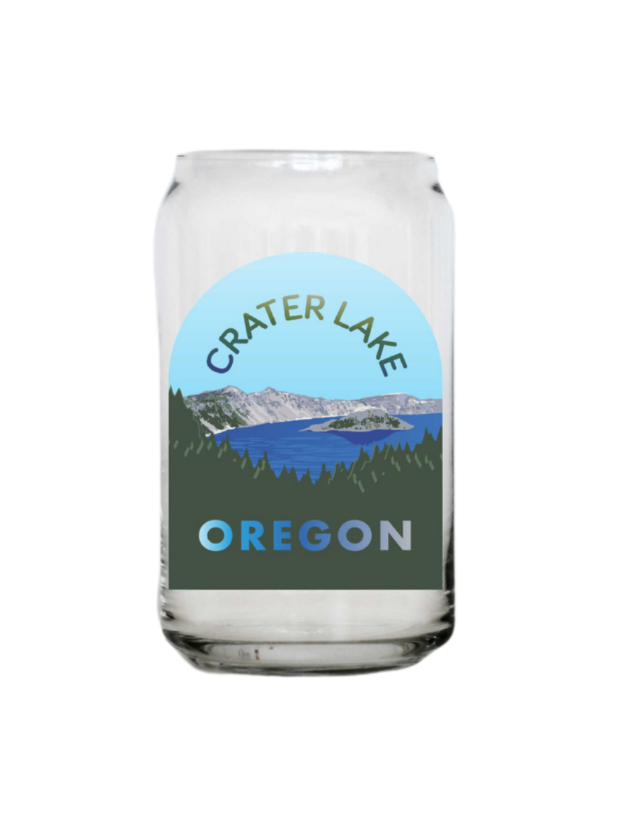 Clear glass with Crater Lake Oregon design on a white background