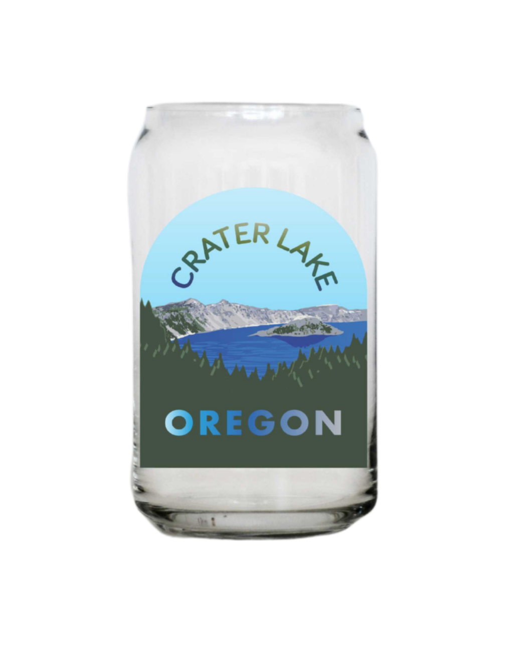 Clear glass with Crater Lake Oregon design on a white background