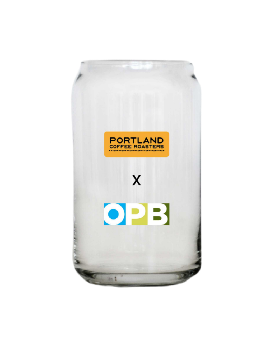 Glass container with 'Portland Coffee Roasters' and 'OPB' logos on a white background