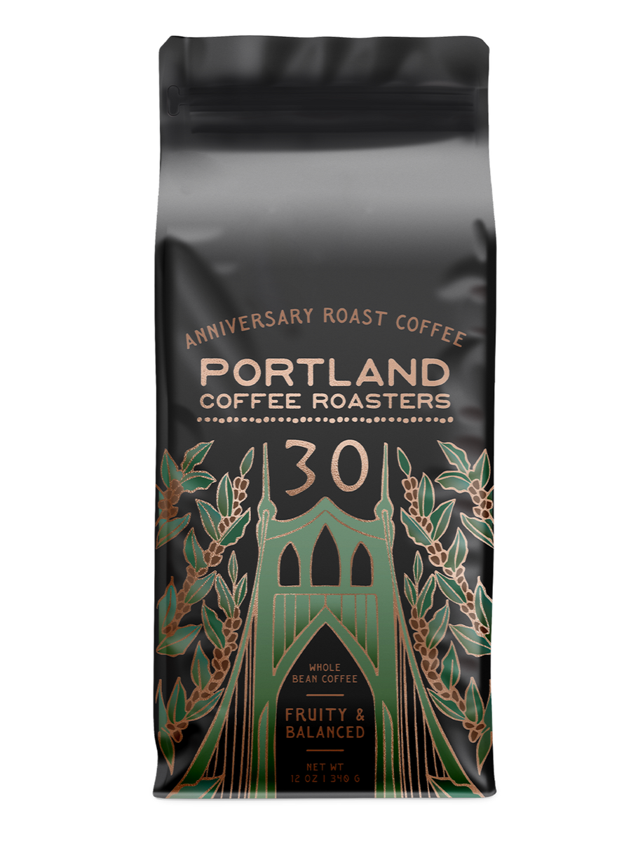 Coffee bag from Portland Coffee Roasters with decorative design on a white background