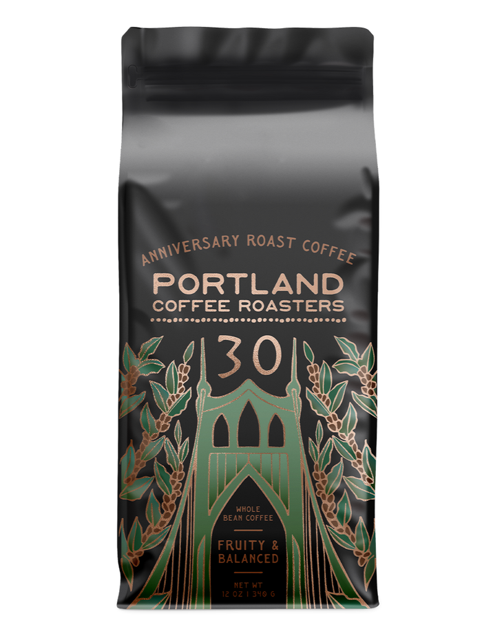 Coffee bag from Portland Coffee Roasters with decorative design on a white background