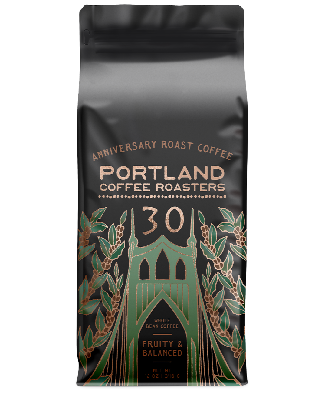 Coffee bag from Portland Coffee Roasters with decorative design on a white background