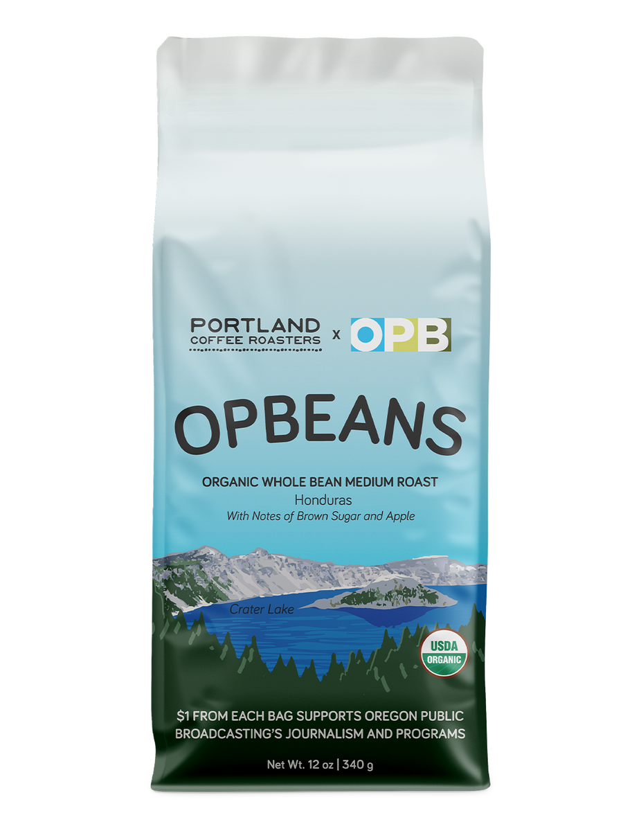 OPBEANS coffee bag with scenic design on a white background