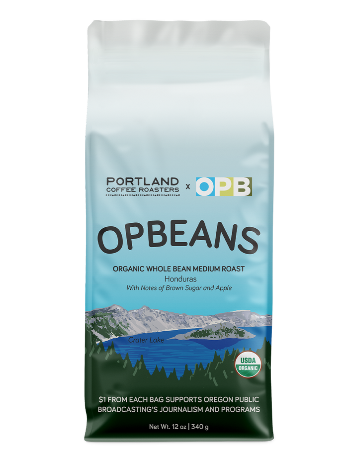 OPBEANS coffee bag with scenic design on a white background