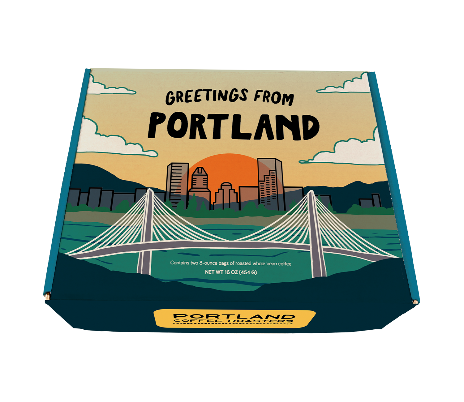 Box of Portland Coffee Roasters coffee, decorated with an illustrated landscape of Portland, Oregon, including the cityscape, bridges, and a sunset. The box reads "Greetings From Portland" across the top.