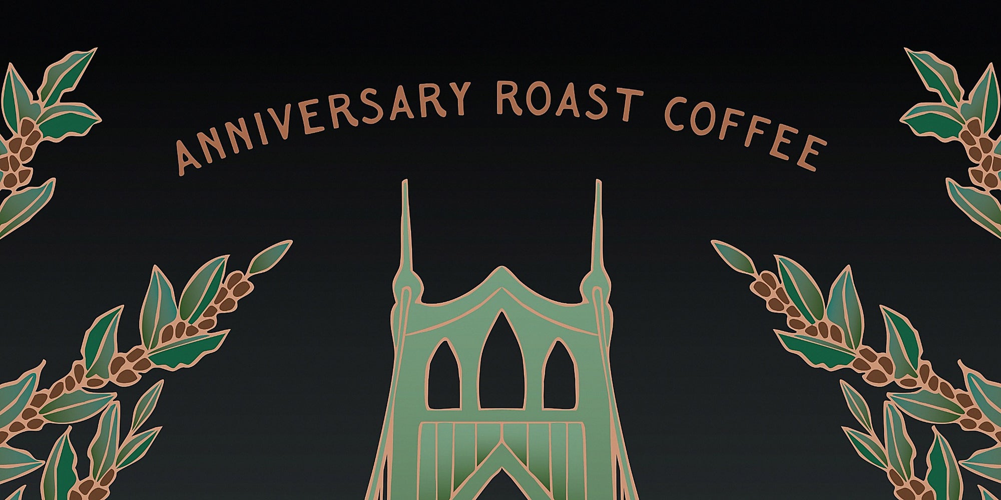 Anniversary Roast Coffee logo with a stylized building and coffee beans on a dark background